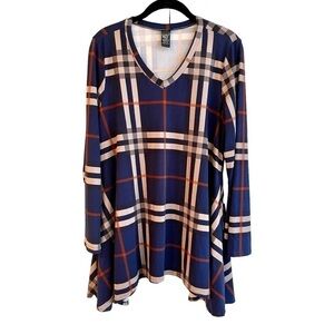 LILDY, PLAID HANDKERCHIEF HEM TUNIC. LONG FLARE SLEEVE & V-NECK. SIZE S/M